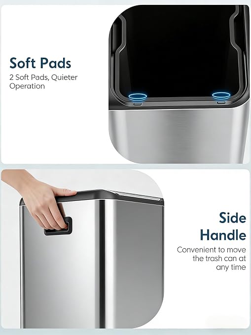 Arlopu 16Gal Dual Trash Can w/2 Built-in Box for Odor Control | Hands-Free Kitchen Garbage Bin, Recycle Waste Dustbin, Soft-Close Lid, 2 Buckets, Foot Pedal, Side Handle, for Home (Silver)
