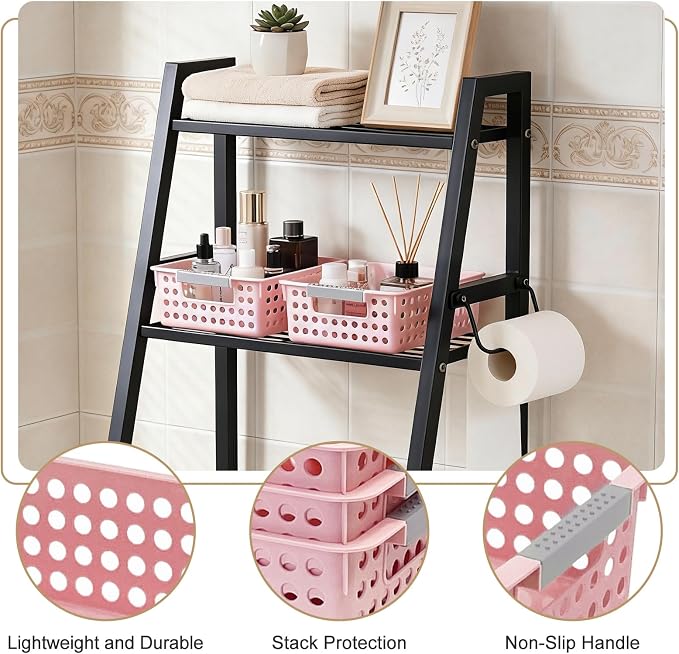 Soddeph 4 Pack Small Plastic Storage Baskets for Organizing, Stackable Bins with Handles for Shelves, Multipurpose Drawer Trays(Pink)