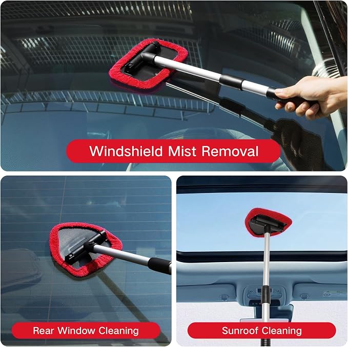 Qydipclin 10pcs Windshield Cleaner Tool, Car Window Cleaning Wash Kit with 4 Reusable Microfiber Pads 1 Spray Bottle and Extendable Handle Auto Glass Wiper Kit, Red