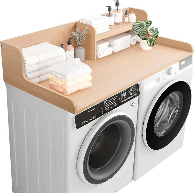 Washer Dryer Countertop 2 Tier 54 inches Wide, Laundry Shelf Topper with Edge, 54" W x 28" D x 12" H Laundry Space Organizer, Light Walnut