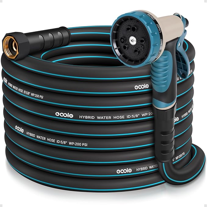 Garden Hose 50 ft x 5/8" with Nozzle, Water Hose Heavy Duty Flexible, Lightweight Kink-less Hybrid Hose with Swivel Handle, Male to Female Fittings