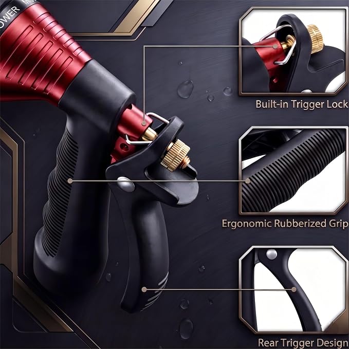 Water Hose Nozzle 2-Pack, Zinc Alloy Garden Spray Nozzle with Adjustable Spray Patterns, Leakproof Rustproof Trigger Lock for Outdoor Cleaning & Car Wash, Red & Red