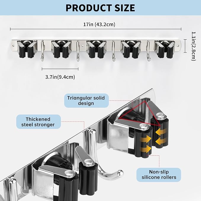 Mop and Broom Hanger Wall Mounted, 5 Racks and 4 Hooks, Storage Organiser (1, Black, 5)