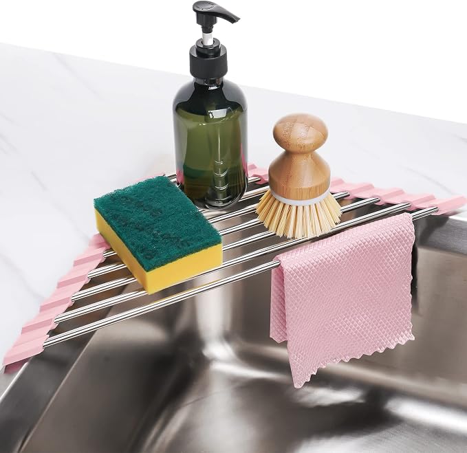 Tomorotec Triangle Foldable Dish Drying Rack, Small Roll-Up Stainless Steel Over Sink Drainer for Kitchen Sink Corner, Rustproof Multipurpose Organizer(Pink) | BPA-Free Food-Grade Silicone Edges Foldable Waterproof Rustproof Heavy-Duty Space Saver Heat...