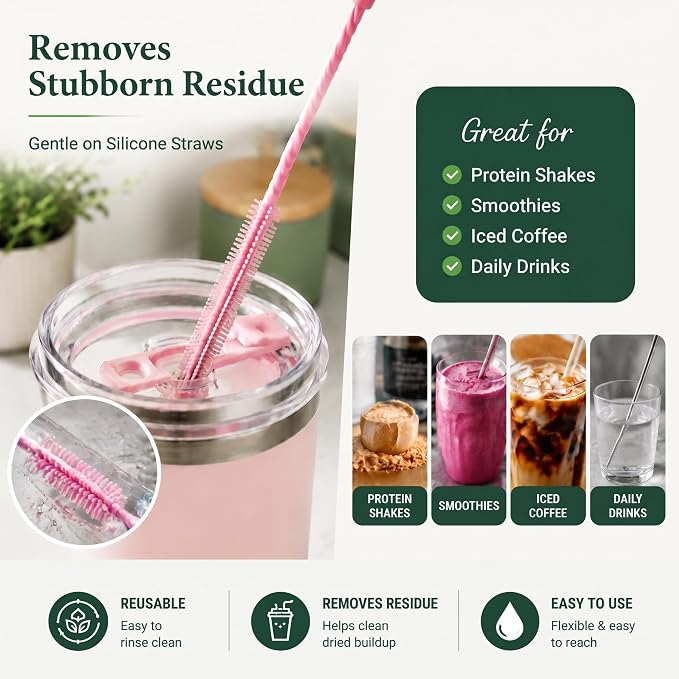 FreshNGo 4-Pack Silicone Straw Cleaner Brush for Tumbler, Pink | Reusable extra-long brushes (6mm/9mm) perfect for cleaning milkshake, metal, and glass straws