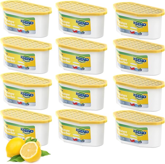 Ksend Moisture Absorber, 12 Pack Bucket, Lemon Scent | Closet, Compact Dehumidifier Box, Odor Eliminator, Humidity Absorber, Yellow, 6.4 OZ, 300 ml