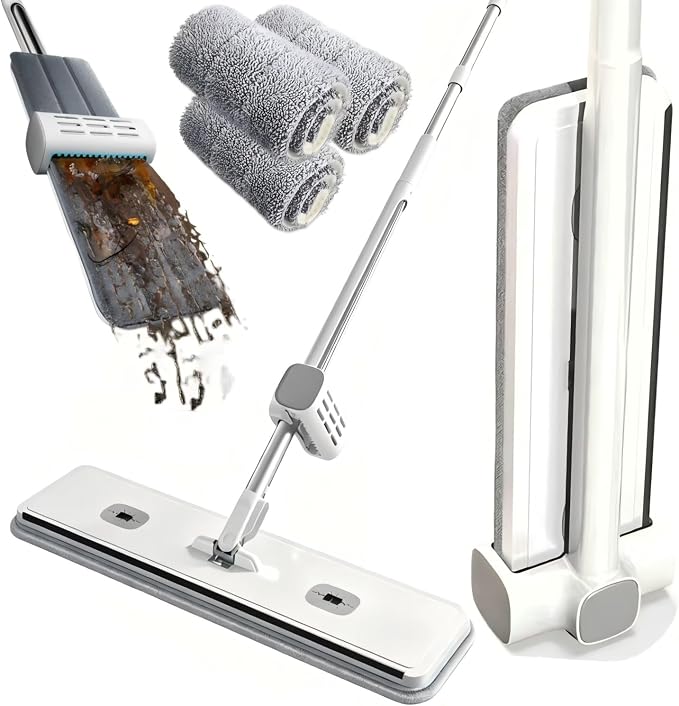 Hands Free Microfiber Mop with 4 Washable Pads | 61" Stainless Steel Handle, Efficient Flat Mop, For All Hard Floors