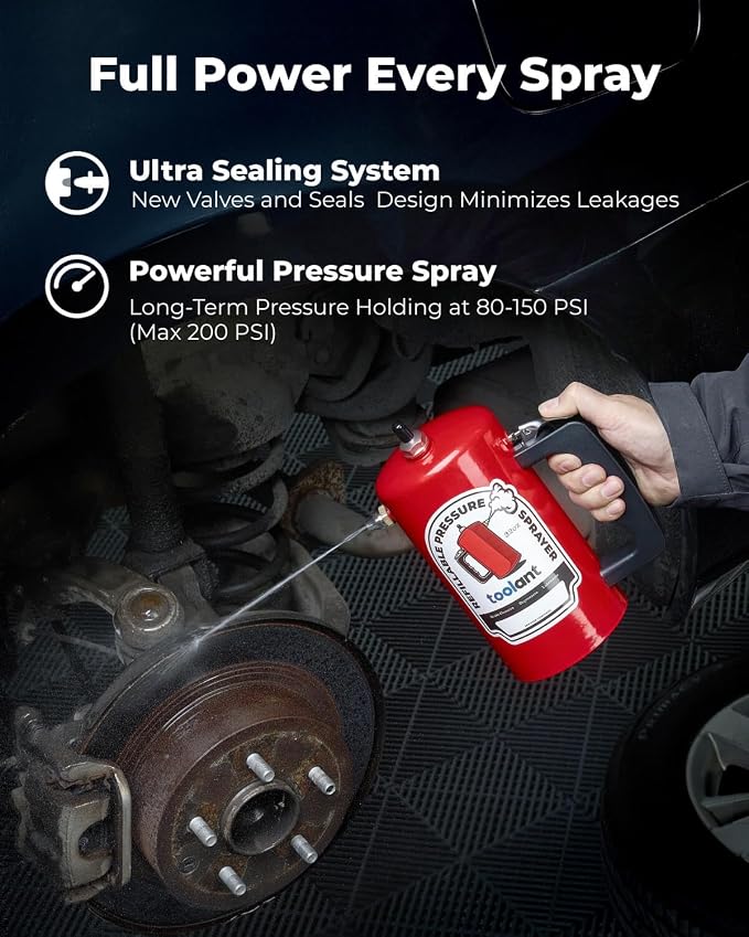 toolant 32oz Refillable Pressurized Sprayer, 200 PSI Max, Red | Brake cleaner and solvents, rust-resistant steel canister, leak-resistant needle valve, dual 1.0/0.6 mm nozzles & funnel
