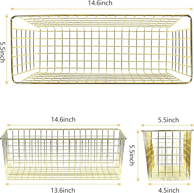 2 Sets Gold Extra Large Hanging Wall Basket with Steel Hooks | Metal Wire Baskets for Organizing, Wallmounted Fruit Vegetable Toy Snack Storage, Home Kitchen Bathroom Laundry Pantry