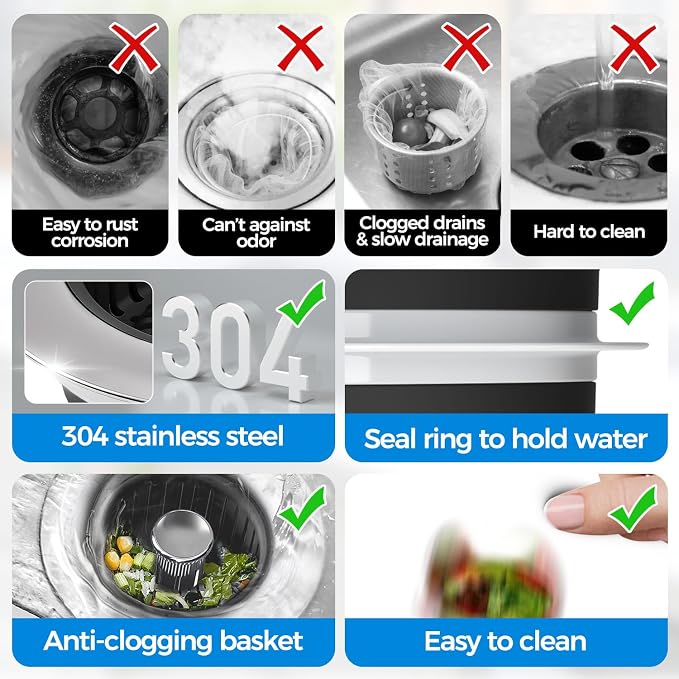 zaa 3 in 1 Kitchen Sink Drain Strainer Stopper Removable Basket Pop-Up | Kitchen Sink Accessories 2 Pack Black Stainless - Food Catcher, Odor-Blocking Seal, Fits 3.5" Drain, Easy Clean