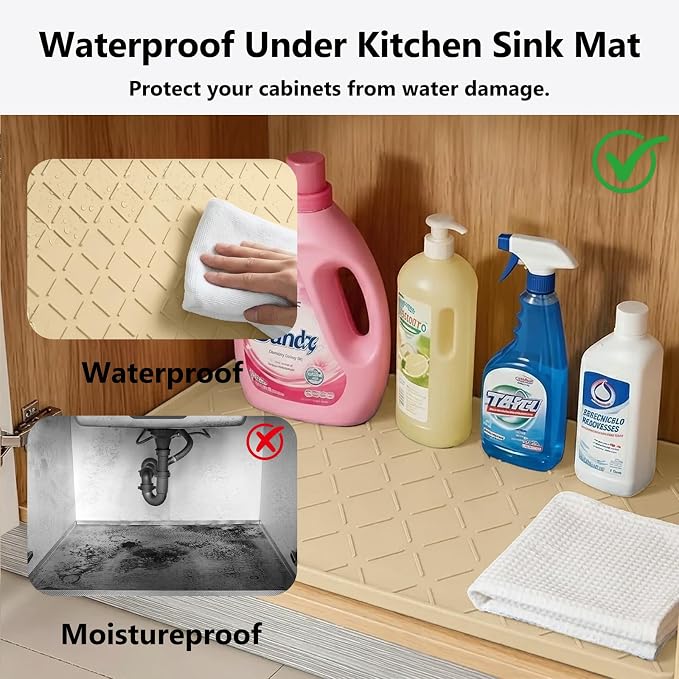 Mateeylife Under Sink Mat Kitchen Waterproof, Silicone Sink Tray 28"X19" | Under Sink Organizer Cabinet Shelf Protective Liner, Multi-use Silicone Mat for Boot Tray & Litter Mat, Khaki