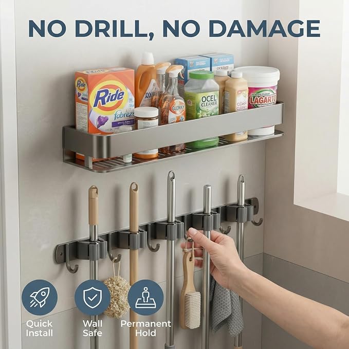 Broom Holder Wall Mount 24 Inch, Heavy-Duty Hooks & Sturdy Anti-Fall Large Capacity Shelf, Holds Brooms, Mops, Vacuums & Cleaning Supplies for Laundry Room, Garage and Closet