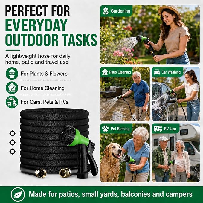 100FT Non-Expandable Flat Garden Hose with 10 Function Nozzle,No-Kink,Black | Lightweight Flat Water Pipe for Women & Seniors,Easy Storage Hose for RV, Patio, Small Backyard, Car Wash & Everyday Watering