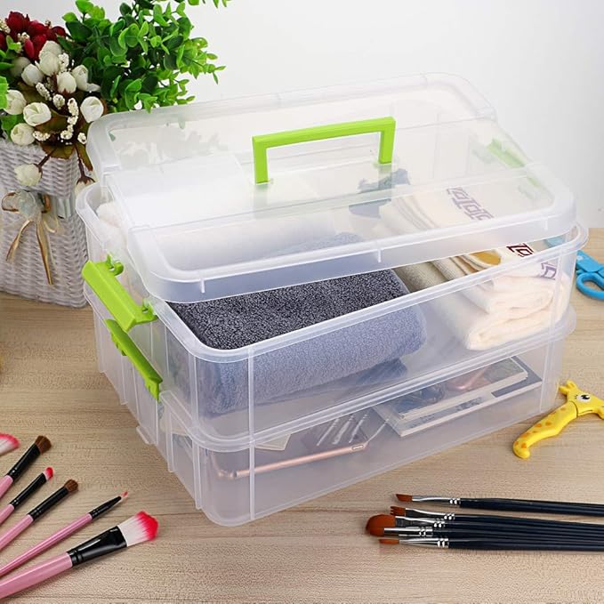 BTSKY 2 Layer Stack & Carry Box, Plastic Multipurpose Portable Storage Container Box Handled Organizer Storage Box for Organizing Stationery, Sewing, Art Craft, Jewelry and Beauty Supplies Green | Multipurpose Craft Organizers and Storage for Organizin...