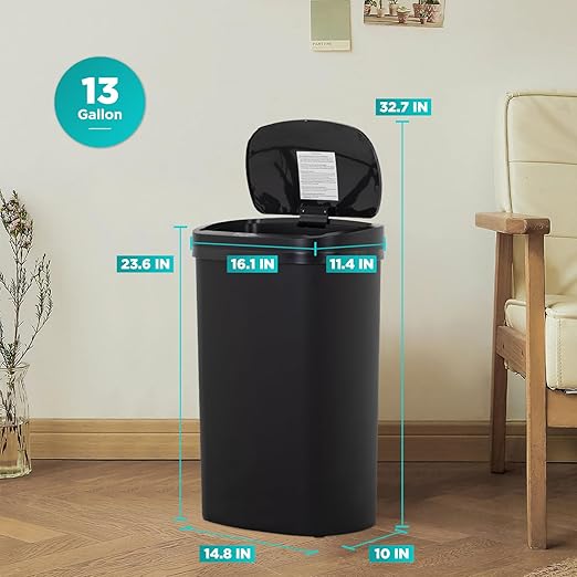 PayLessHere | 13 Gallon Plastic Trash Can | Black | Pack of 1 | Automatic Touchless Lid with Motion Sensor | Kitchen Garbage Can with Waterproof Design | for Home, Office, Bathroom
