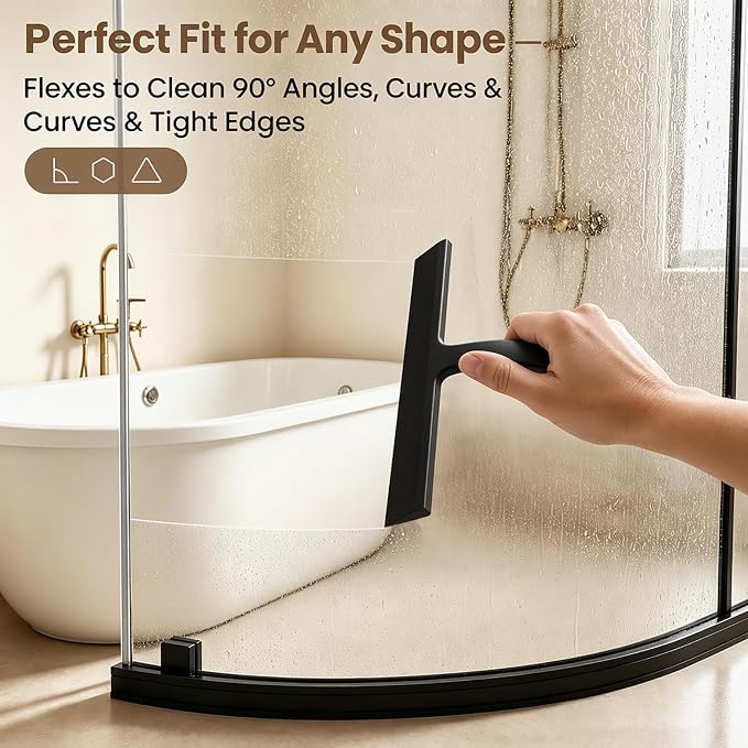 Shower Squeegee for Glass Doors: Streak-Free Silicone, 8.27 inch | One Swipe Silicone Blade, Built-in Hook for Easy Hanging, Versatile for Bathroom Mirror & Car Window (Classic Black)