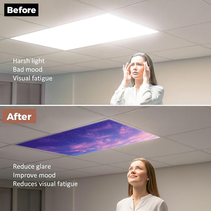 6 Pack Fluorescent Light Covers for Ceiling Lights View Evening Purple Sky Clouds Stars Abstract Decorative Magnetic Light Cover Light Filters for Classroom Office Home