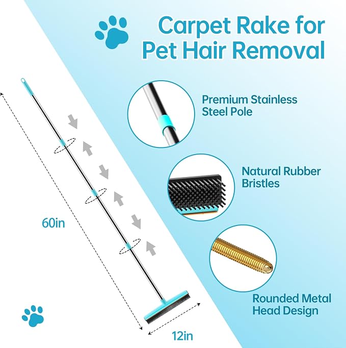 Carpet Rake for Pet Hair Removal, 60" Long Handle Rubber Broom (3 Pack) | Multi-function Pet Hair Removal Tool, Works on Rug Car Mat Pet Bed Furniture, Cleans Dog Cat Fur Efficiently