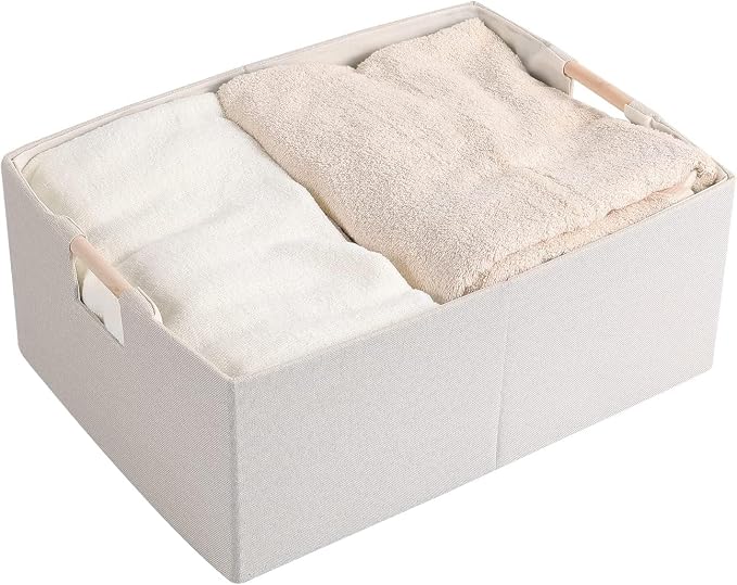 Fabric Storage Box, 16x12in Foldable Cotton Linen Basket with Wooden Handle | Large Rectangular Cube Decorative Home Laundry Organizer Clothes Blanket Container Organizing Clothes Sheets Jeans, Beige
