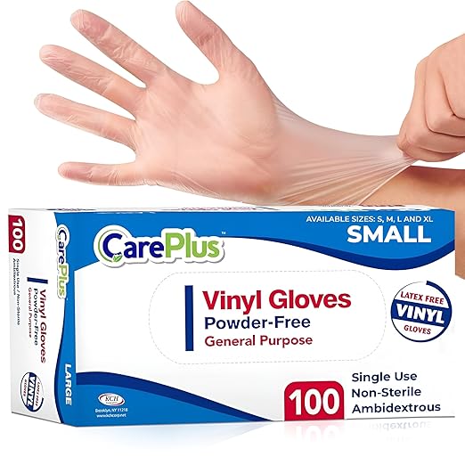 CARE PLUS Vinyl Gloves Clear Small, Disposable Latex Free, 100 Count | Powder free exam grade protection for food service, salons & housekeeping; ambidextrous, tear resistant, comfortable fit