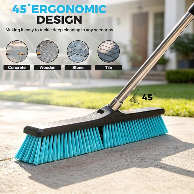 24" Push Broom Outdoor Heavy Duty, Commercial Push Broom for Cleaning, Blue | Industrial Broom with 55" Long Handle Stiff Bristles,Garden Brush Broom for Driveway Garage Yard Warehouse Floor Cleaning