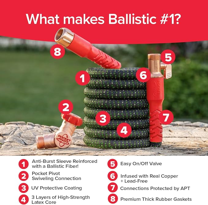 Pocket Hose Ballistic Double UV Edition 50 FT Expandable Garden Hose w/Pocket Pivot Swivel Connector, Anti-Burst Sleeve Reinforced w/Bulletproof Fiber, Lightweight, No-Kink, Compact, AS SEEN ON TV | 50 ft expandable hose with UV protection, anti-burst ...