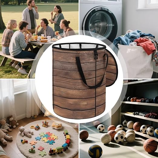 BIGCARJOB Wood Grain Collapsible Trash Can Portable Tall Trash Can Oval Recycling Bin 22.83x17.71 Outside Garbage Bin Storage Bag with Clip and Zipper Lid