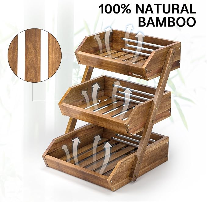 G.a HOMEFAVOR 3-Tier Acacia Wood Fruit Basket for Kitchen, Self-assembly | Large Fruit Bowl for Kitchen Countertop, Fruit Stand Storage Holder for Vegetables and Snack Home Organizer