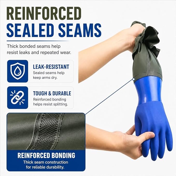 28 Inch Long Rubber Gloves, Heavy-Duty Waterproof PVC Work Gloves with Cotton Lining and Elastic Cuffs, Extended Arm Protection for Pond, Aquarium, Cleaning and Industrial Use, Blue, Large