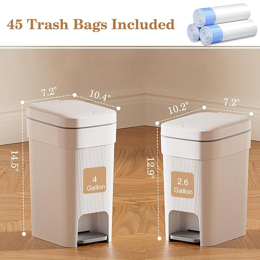 Small Bathroom Trash Can with Lid Slim Step Garbage Can 4 Gallon White | Stylish Decor Soft Close Trash Bin Plastic Wastebasket with Trash Bags for Kitchen Bedroom Office Living Room Toilet College