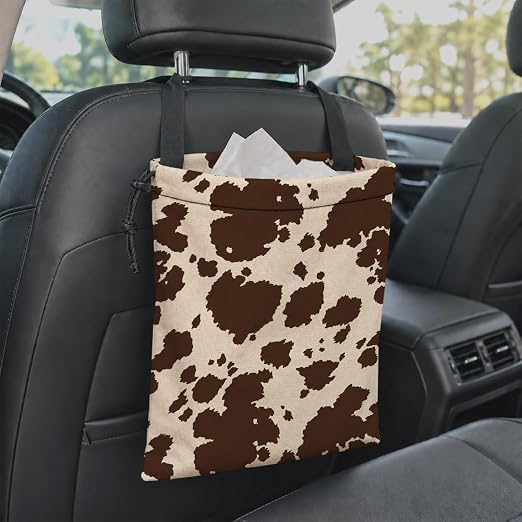 Dark Brown Cow Print Car Garbage Bag Canvas Trash Can | Rustic Animal Print Drawstring Car Trash Bag Hanging for Back Seat with Adjustable Buckle