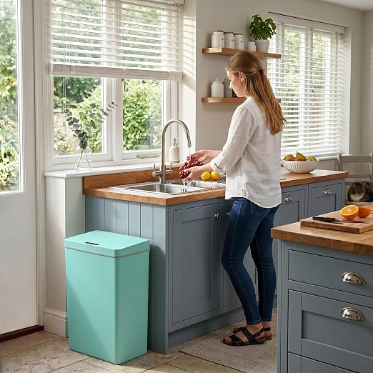 BestOffice 13 Gallon Kitchen Trash Can, Touchless Automatic Lid, Blue | Plastic, Hands-free disposal, Odor Control, ,Wipe-clean surface,50Liter for Kitchen, Office, Indoor Use