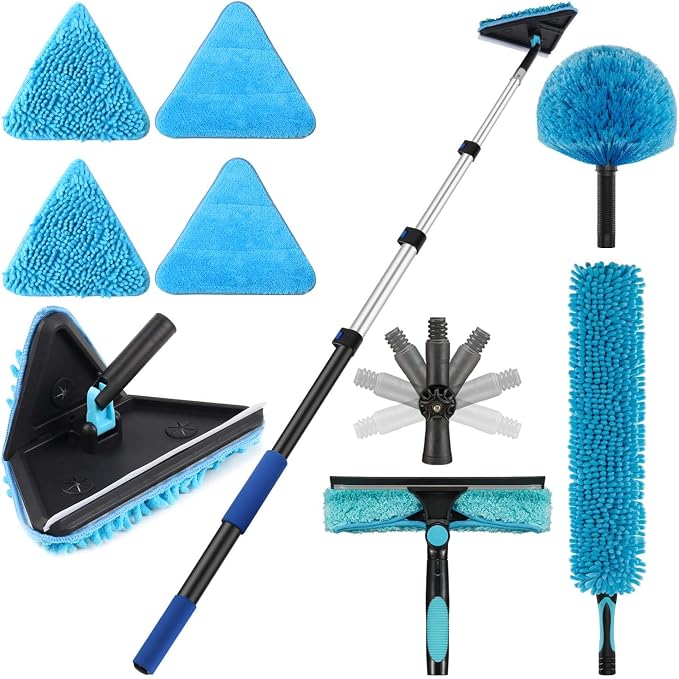 20ft Painted Wall Mop, 12ft Extension Pole, High Ceiling Cleaning Tool | Heavy Duty, 3-in-1 Cleaning Kit, 4 Microfiber Chenille Pad, Cobweb Duster, Fan, Baseboard, Window Squeegee Kit