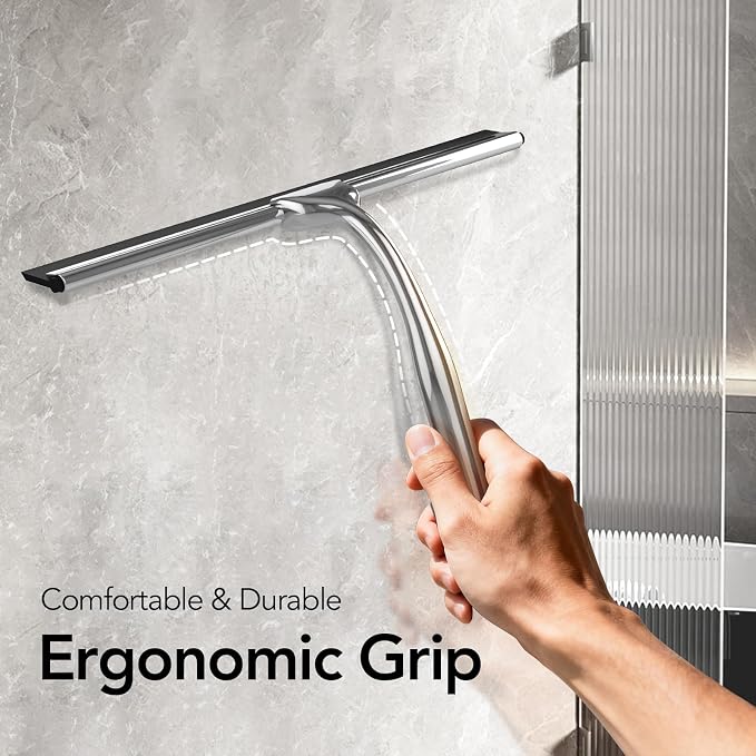 Shower Squeegee for Glass Doors, 10 Inch Stainless Steel Bathroom Squeegee with Hooks, Streak-Free Cleaner for Shower Doors, Windows, Mirrors, Tile Walls & Car Windshield