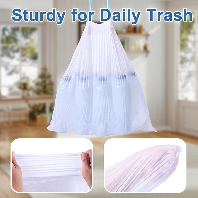 BYSNOW 4 Gallon 200 Counts Small Trash Bags, White Drawstring Garbage Bags | Strong Unscented Garbage Can Liners, Fit 11-15L Waste Bins for Bathroom, Kitchen, Office, Dorm, Car