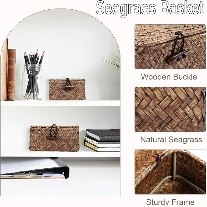 Hipiwe Mini Seagrass Basket Box with Lid Wicker Storage Bins, 4.3x 2.5x2.1" | Small Handwoven Baskets Organizer, Multipurpose Desktop Baskets for Home Decor