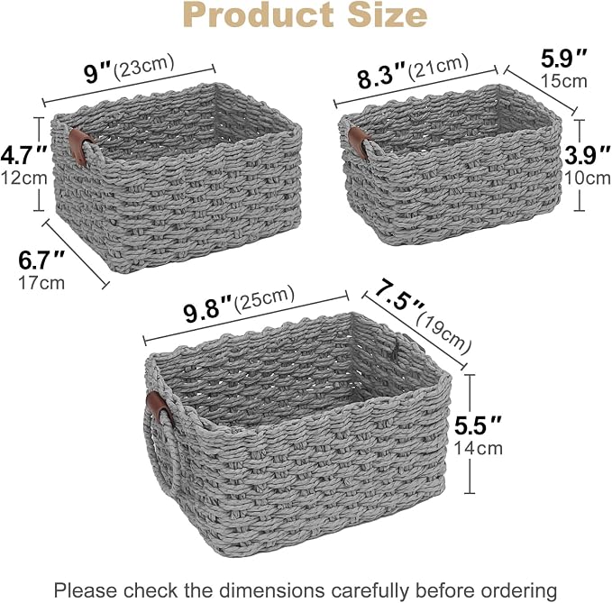 Paper Rope Storage Baskets Set of 3, Handwoven Decorative Wicker Organizer Bins with Handles for Shelves, Bathroom, Closet & Pantry, Soft Woven Nesting Storage Basket Set (Gray)