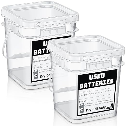 Baderke 2 Pack Battery Recycling Disposal Container with Label, Transparent | 1.32 Gallon Capacity, Battery Recycling Container with Label, Used-dry-cell Battery Storage Organizer, for Household, Office