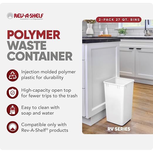 Rev-A-Shelf 27 qt Polymer Replacement Waste Container for Rev-A-Shelf Pullouts, Kitchen Cabinet Trash Can Recycle Bin, RV-1024-11-2, White (2-Pack)