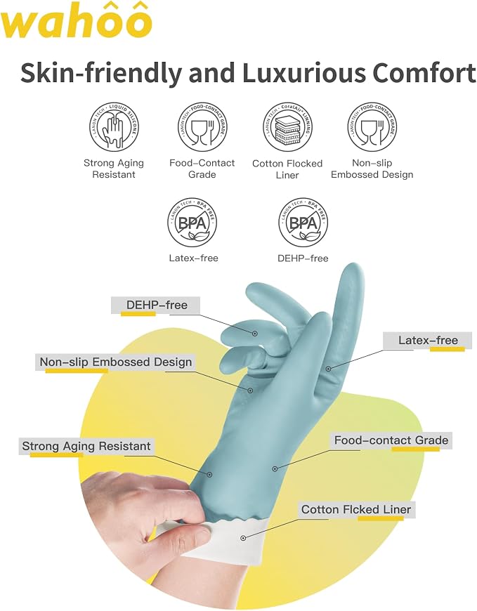 LANON wahoo Cleaning Gloves with Cotton Flocked Liner, Surf Spray, Large | Dishwashing, Latex Free, Skin-Friendly, Dishes Washing, Reusable, DEHP-Free, Non-Slip, Household Kitchen Gloves