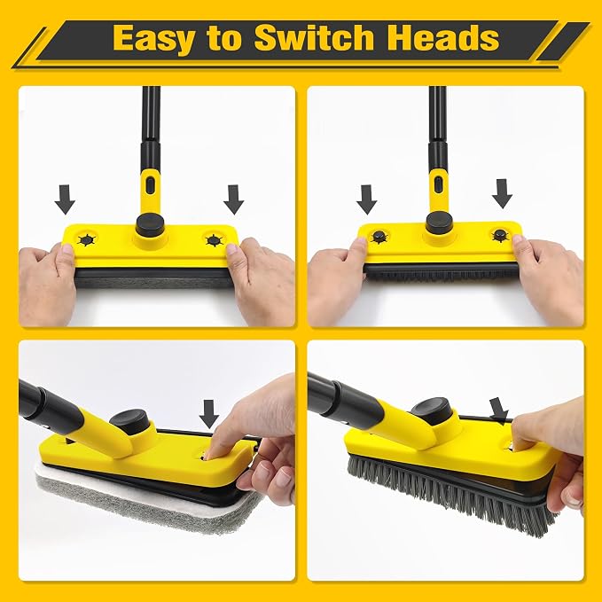 JEHONN Shower Cleaning Brush, 53.5 inches Long Handle Scrubbing Brush, 3-in-1 Bathroom Tub Tile Scrubber Mop with Squeegee for Bathtub Sink Tile Floor Wall Glass Deck (Yellow)