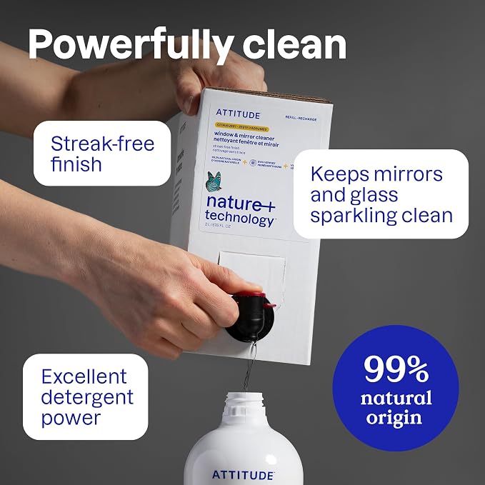 ATTITUDE Window & Mirror Cleaner Refill, EWG Verified, Plant- & Mineral-Based, Vegan & Streak-Free Glass Spray, Citrus Zest Scent, 67.6 Fl Oz