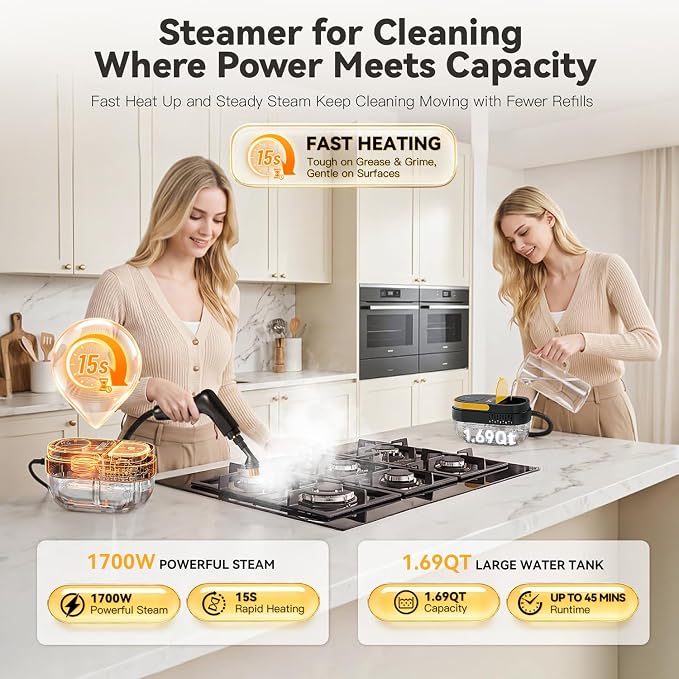 Gautye Steam Cleaner, 15s Heat Up, 1.69 Quarts Tank with 15 Accessories | 3 Level Adjustable Handle, Foldable Handle, 1700W, Portable Steam Cleaner for Home, Kitchen, Tile, Floor, Grout, Car Cleaning
