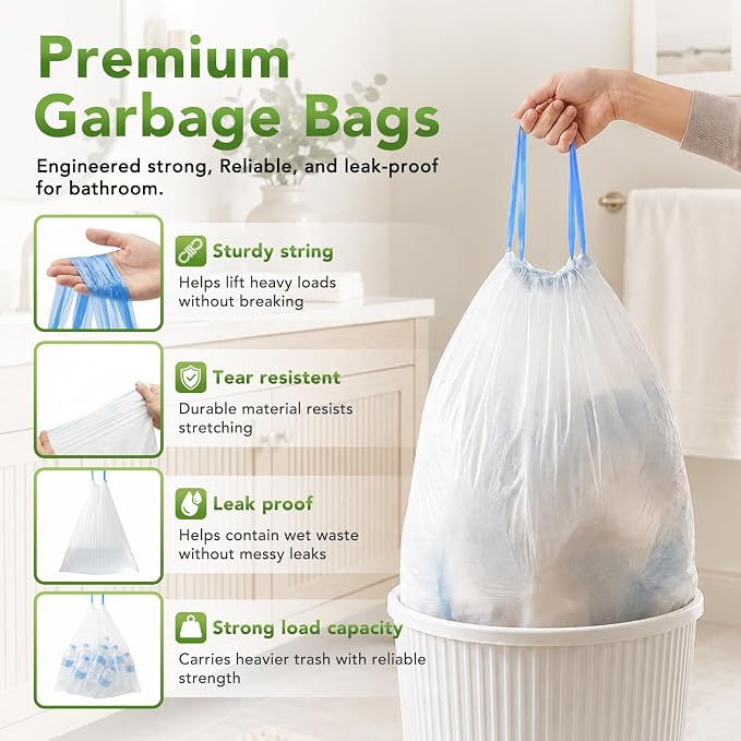 Delxo 1.6 Gallon Small Drawstring Trash Bags Mini Garbage Bags 60 Counts | Code Fit 1.2 - 2.0 Gallon Bathroom Trash Can Bin Liners, 4.5-8 Liter Plastic Garbage Bag for home office kitchen, White