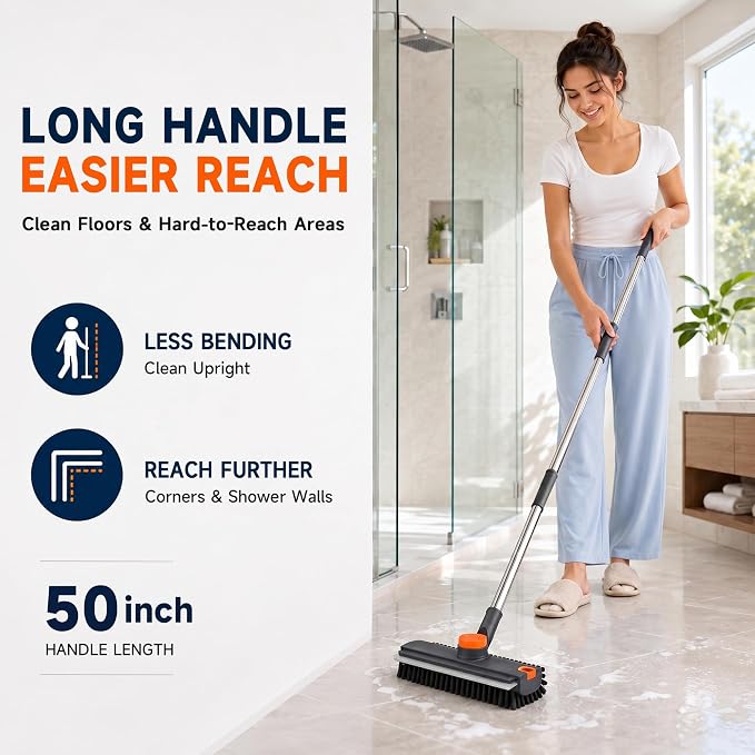 Floor Scrub Brush with Long Handle, 3-in-1 with Squeegee & Stiff Bristles | Heavy-Duty V-Shaped Bristles, 30–50 in Adjustable Handle, 360° Rotating Head & Built-In Hair Picker for Tile, Grout & Showers