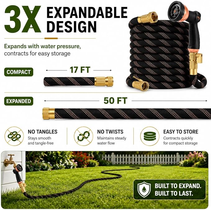 Flexible Garden Hose 100ft,Ultra Lightweight Water Hoses,Leak-Proof,Sturdy | Anti-burst Fabric with 10 Function Sprayer and 3/4" Solid Brass Fittings,Kink-Free&expandable,hose for Yard,Lawn,Outdoor