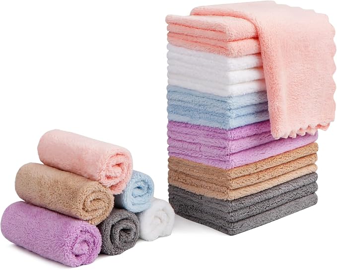 Orighty Makeup Remover Cloths, 24 Pack Microfiber Face Towels, 7 x 7 Inch | Reusable Facial Wash Cloths, Soft & Washable Coral Fleece Microfiber Washcloths for Face, Eye, Lips Cleansing