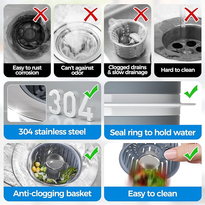 zaa 3 in 1 Kitchen Sink Drain Strainer Stopper Removable Basket Pop-Up | Kitchen Sink Accessories 2 Pack Silver Stainless - Food Catcher, Odor-Blocking Seal, Fits 3.5" Drain, Easy Clean