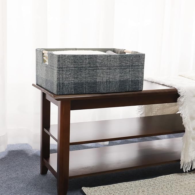 Fabric Storage Box, 15x11in Foldable Cotton Linen Basket with Wooden Handle | Medium Rectangular Cube Decorative Home Laundry Organizer Clothes Blanket Container Organizing Clothes Sheet, Dark Gray Plaid