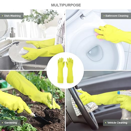 Mamison Rubber Dishwashing Gloves, Non-Slip Kitchen, Green Medium, 2 Pairs | Korean natural latex, long cuff, thick and durable, textured non-slip grip, for dishwashing and kitchen cleaning
